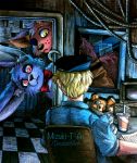  2017 animatronic beverage black_nose blonde_hair bonnie_(fnaf) bottomwear bow_tie camera canid canine clothing confusion door five_nights_at_freddy&#039;s fox foxy_(fnaf) freckles fur hair hi_res hook human inner_ear_fluff lagomorph leporid long_ears looking_at_another machine male mammal mizuki-t-a plushie purple_body purple_fur rabbit red_body red_eyes red_fur red_hair robot security_guard shorts signature tuft video_games 