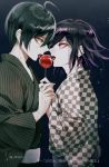  2boys ahoge artist_name bangs black_hair black_kimono candy_apple checkered checkered_kimono commentary_request danganronpa eye_contact food from_side holding holding_food holding_hands japanese_clothes kimono looking_at_another male_focus multiple_boys new_danganronpa_v3 obi ouma_kokichi purple_hair saihara_shuuichi sakuyu sash shared_food short_hair smile striped striped_kimono tongue tongue_out translation_request yaoi 