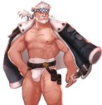  1boy abs bara bare_chest beard bulge chest chest_scar dsharp facial_hair feet_out_of_frame fundoshi granblue_fantasy hand_on_hip headband jacket jacket_on_shoulders japanese_clothes male_focus muscle mustache nipples open_clothes open_jacket scar short_hair solo soriz thick_thighs thighs white_background white_hair 