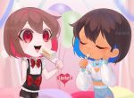  2others absurdres androgynous balloon cake chara_(undertale) closed_eyes food frisk_(undertale) highres knife multicolored_hair multiple_others nail_polish open_mouth red_eyes ribbon self_upload short_hair undertale watermark 
