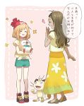  2girls alola_mother bangs beanie brown_hair closed_eyes commentary_request eyebrows_visible_through_hair eyelashes eyewear_on_headwear gen_1_pokemon gen_7_pokemon green_shorts hand_up hat heart holding holding_pokemon meowth mother_and_daughter multiple_girls pokemon pokemon_(creature) pokemon_(game) pokemon_sm red_headwear rowlet rupinesu sandals selene_(pokemon) shirt shoes short_sleeves shorts skirt smile standing sunglasses tied_shirt translation_request 
