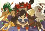  3boys bangs black_hair blonde_hair capri_pants commentary_request couch decidueye ear_piercing elio_(pokemon) fur gen_7_pokemon gladion_(pokemon) green_eyes hair_over_one_eye hands_together hau_(pokemon) holding incineroar interlocked_fingers legendary_pokemon long_sleeves looking_at_viewer multiple_boys natsuno_hamuto pants piercing pokemon pokemon_(creature) pokemon_(game) pokemon_sm shirt short_sleeves sidelocks silvally sitting sparkle tied_hair 