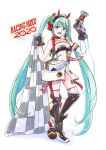  1girl ahoge aqua_eyes aqua_hair black_gloves cable character_name checkered checkered_flag commentary dress fingerless_gloves flag full_body gloves goodsmile_racing gun hair_ornament hands_up hatsune_miku headphones holding holding_flag holding_gun holding_weapon holding_wrench impact_wrench leg_armor long_hair looking_at_viewer mayo_riyo open_mouth pouch racing_miku racing_miku_(2020) see-through sleeveless sleeveless_dress smile smiley_face standing strapless strapless_dress thighhighs twintails very_long_hair vocaloid weapon white_background white_dress wrench zettai_ryouiki 