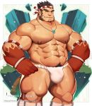  1boy abs bara bare_chest body_hair bulge chest chest_hair dsharp facial_hair fang feet_out_of_frame fundoshi goatee hachimaki hands_on_hips headband highres japanese_clothes jewelry looking_at_viewer male_focus muscle navel navel_hair necklace nejiri_hachimaki nipples one_eye_closed patreon_username short_hair sideburns solo tajikarao_(tokyo_houkago_summoners) thick_thighs thighs tokyo_houkago_summoners 