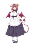  1girl amane_hasuhito apron black_footwear breasts brown_hair curled_horns demon_girl demon_horns demon_tail demon_wings frilled_apron frills full_body highres horns large_breasts loafers maid maid_dress maid_headdress monster_girl original puffy_short_sleeves puffy_sleeves red_eyes shoes short_hair short_sleeves simple_background smile solo standing tail white_apron white_background white_legwear wings wrist_cuffs 