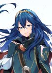 1girl ameno_(a_meno0) blue_eyes blue_hair fingerless_gloves fire_emblem fire_emblem_awakening flat_chest gloves long_hair looking_at_viewer lucina_(fire_emblem) scarf simple_background smile solo symbol-shaped_pupils tiara white_background 