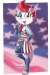  2:3 anthro clothed clothing cute_fangs didelphid female fuf fur hair hi_res mammal marsupial one_eye_closed open_mouth pink_nose red_hair solo stars_and_stripes united_states_of_america wink yellow_eyes young 