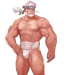  1boy abs bara bare_chest beard bulge chest chest_scar dsharp facial_hair feet_out_of_frame fundoshi granblue_fantasy hand_on_hip headband japanese_clothes male_focus muscle mustache nipples scar short_hair solo soriz thick_thighs thighs white_background white_hair 