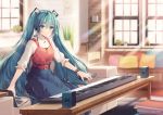  1girl aqua_eyes aqua_hair belt blue_skirt blurry blurry_background blurry_foreground blush book_stack bracelet brick_wall commentary computer couch crypton_future_media cushion eighth_note hair_ornament hatsune_miku headphones indoors instrument jewelry keyboard_(instrument) laptop long_hair looking_at_viewer musical_note musical_note_necklace necomi official_art plant poster_(object) potted_plant rainbow shirt short_sleeves sitting skirt smile solo speaker sunlight table twintails very_long_hair vocaloid white_shirt window 