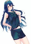  1girl ameno_(a_meno0) bare_arms bare_legs blue_eyes blue_hair fire_emblem fire_emblem_awakening heavy_breathing highres long_hair looking_at_viewer lucina_(fire_emblem) midriff midriff_peek shorts simple_background smile solo steam sweat symbol-shaped_pupils tank_top tiara white_background 