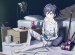  1boy 55ll221 bangs barefoot bed bottle box cardboard_box controller cushion danganronpa game_controller hair_between_eyes hammer highres indoors long_sleeves male_focus mallet new_danganronpa_v3 ouma_kokichi pillow playing_games purple_eyes purple_hair sitting soda soda_bottle solo straitjacket trash_can 