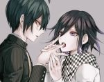  2boys ahoge bangs black_hair black_jacket blush checkered checkered_floor checkered_neckwear checkered_scarf commentary_request danganronpa finger_licking from_side grey_background jacket licking long_sleeves looking_at_another male_focus multiple_boys new_danganronpa_v3 open_mouth ouma_kokichi purple_eyes saihara_shuuichi sakuyu scarf shirt short_hair simple_background striped_jacket sweatdrop tongue tongue_out twitter_username upper_body upper_teeth white_jacket yaoi 