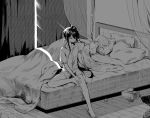  2boys bare_legs barefoot bed blanket closed_eyes closed_mouth commentary_request curtains danganronpa greyscale hand_in_hair hand_up highres indoors kamukura_izuru komaeda_nagito leg_up long_hair lying male_focus medium_hair monochrome moona_59 multiple_boys on_bed on_side pillow shorts sitting sunlight super_danganronpa_2 tissue_box wooden_floor 