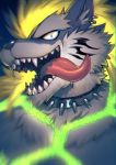  anthro blonde_hair blue_body blue_fur bound canid canine canis collar ear_piercing ear_ring fenrir_(housamo) fur glowing hair hozunomi male mammal open_mouth piercing rope rope_bondage rope_harness sharp_teeth solo spiked_collar spikes teeth tokyo_afterschool_summoners video_games white_body white_fur wolf 