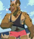  2019 5_fingers anthro balls_outline beach black_body black_fur black_nose body_hair borkthunder briefs brown_body brown_fur bulge chest_hair clothing erection eyebrows fingers fur genital_outline gloves_(marking) green_eyes happy_trail hi_res humanoid_hands hyaenid looking_at_viewer male mammal markings muscular muscular_anthro muscular_male nipples one_eye_closed outside penis_outline pink_nipples seaside shirt solo spots spotted_body spotted_fur spotted_hyena tank_top thick_eyebrows tight_clothing topwear underwear wink 