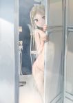  1girl bangs bathroom blonde_hair blush breasts brown_eyes closed_mouth forehead long_hair looking_at_viewer nude original parted_bangs sakazakinchan shower_(place) small_breasts thighs wet 