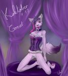  2020 anorexia anthro canid canine canis clothing corset digital_media_(artwork) eyeshadow female fur genitals hair hi_res kinktober lingerie looking_at_viewer makeup mammal monochrome nude open_mouth paws pink_body pink_fur pink_hair purple_hair pussy sa-chat simple_background sketch skinny smile solo text tongue topwear wolf 