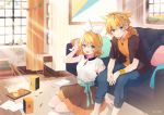  1boy 1girl bangs bass_clef black_shirt black_skirt blonde_hair blue_eyes blue_pants blush bow bracelet candy commentary couch crypton_future_media cup curtains cushion food grin hair_bow hair_ornament hairclip headphones hood hoodie indoors jewelry kagamine_len kagamine_rin looking_at_viewer miniskirt musical_note_necklace necomi official_art open_mouth orange_hoodie painting_(object) pants paper plant potted_plant rug seiza shirt short_hair short_ponytail short_sleeves sitting skirt smile speaker spiked_hair sunlight swept_bangs treble_clef vocaloid white_bow white_shirt window wooden_floor wristband 