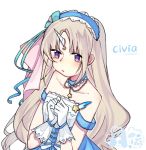  1girl artist_request blonde_hair blush civia dress hololive hololive_china horns jewelry long_hair looking_at_viewer necklace purple_eyes simple_background single_horn solo star_(symbol) star_necklace unicorn very_long_hair virtual_youtuber 
