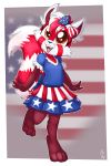  2:3 accessory ailurid anthro clothed clothing fangs female fuf fur hair hair_accessory hair_bow hair_ribbon hi_res mammal open_mouth red_panda ribbons ringtail solo stars_and_stripes united_states_of_america yellow_eyes young 