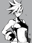  1girl bare_shoulders breasts commentary_request eyebrows_visible_through_hair galo_thymos genderswap genderswap_(mtf) gloves grey_background greyscale hair_between_eyes large_breasts monochrome navel promare simple_background sleeveless solo spiked_hair standing takatsuki_ichi underboob upper_body 
