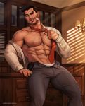  1boy abs bandaid bandaid_on_face bara bare_chest beard black_eyes black_hair brown_hair bulge chest chest_hair facial_hair feet_out_of_frame grey_pants gyakuten_saiban hairy highres indoors itonokogiri_keisuke long_sleeves looking_at_viewer male_focus marcus_(rnarccus) muscle navel navel_hair necktie nipples open_clothes open_pants open_shirt pants raised_eyebrow realistic short_hair sideburns smile solo stubble thick_thighs thighs tight tight_pants undressing white_briefs 