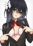  1girl :d bandaid bangs black_hair black_shirt blush bow breasts cleavage collared_shirt commentary_request eyebrows_visible_through_hair frilled_shirt frills green_eyes hair_between_eyes hair_bow head_tilt highres long_hair long_sleeves looking_at_viewer medium_breasts neck_ribbon open_clothes open_mouth open_shirt original red_neckwear red_ribbon ribbon shirt shuutou_haruka simple_background smile undressing white_background white_bow 