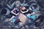  1girl absurdly_long_hair absurdres aqua_eyes aqua_hair bare_shoulders black_shirt bubble collar commentary dated elbow_gloves feet_out_of_frame gloves hatsune_miku highres holding holding_instrument instrument long_hair long_skirt looking_at_viewer miku_symphony_(vocaloid) music neon_trim paper playing_instrument pleated_skirt qi_zhong_ji shirt skirt solo standing thighhighs twintails very_long_hair violin violin_bow vocaloid white_collar white_gloves white_legwear white_skirt 