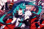  1girl animal_ears aosaki_yato aqua_hair belt_collar black_gloves bone broken_bone cat_ears chain collar commentary crown debris fur-trimmed_jacket fur_trim gloves hatsune_miku highres jacket long_hair looking_at_viewer necktie outstretched_arm paper reaching_out red_background red_eyes sleeveless sleeveless_jacket solo song_name twintails very_long_hair vocaloid x 