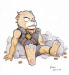  2020 3_toes absurd_res anthro armor bag brown_body brown_fur brown_mane claws clothed clothing coin felid fiool fur grey_clothing hi_res lion lion-man male mammal mane open_mouth pantherine pawpads pink_pawpads simple_background sitting solo toe_claws toes traditional_media_(artwork) video_games white_background wonder_boy:_the_dragon&#039;s_trap 