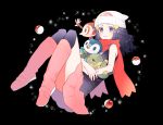  1girl bare_arms beanie black_hair black_legwear blush boots chimchar dawn_(pokemon) gen_4_pokemon gum_(gmng) hair_ornament hairclip hat highres holding looking_at_viewer over-kneehighs pink_footwear piplup poke_ball poke_ball_(basic) pokemon pokemon_(game) pokemon_dppt red_scarf scarf shiny shiny_hair smile symbol_commentary thighhighs turtwig white_headwear 