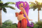  3d_(artwork) belly big_belly bottomwear chubby_female clothing digital_media_(artwork) eating eating_food female food fries genie hair hi_res humanoid looking_at_viewer overweight overweight_female overweight_humanoid owo_sfm pink_hair shantae shantae_(series) solo source_filmmaker topwear video_games wayforward 