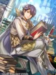  1boy alfonse_(fire_emblem) armor bangs belt blonde_hair blue_eyes blue_hair book boots cape fire_emblem fire_emblem_cipher fire_emblem_heroes hair_ornament holding holding_book multicolored_hair nijihayashi official_art ruins sitting sword weapon white_cape 