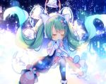  1girl bangs bare_shoulders bell blue_gloves blue_legwear blush boots chibi closed_eyes commentary covered_mouth eyebrows_visible_through_hair fur-trimmed_boots fur-trimmed_gloves fur-trimmed_skirt fur_trim gloves green_hair hands_clasped hands_up hatsune_miku headphones long_hair magical_mirai_(vocaloid) mismatched_gloves own_hands_together pink_gloves shiomizu_(swat) single_thighhigh skirt solo thighhighs twintails very_long_hair vocaloid white_footwear white_skirt 