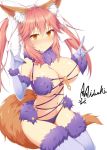  1girl animal_ear_fluff animal_ears blush breasts cleavage commentary commentary_request cosplay dangerous_beast double_fox_shadow_puppet elbow_gloves eyebrows_visible_through_hair fate/grand_order fate_(series) fox_ears fox_girl fox_shadow_puppet fox_tail fur-trimmed_gloves fur-trimmed_legwear fur_collar fur_trim gloves hair_ribbon halloween halloween_costume highres lace-trimmed_legwear lace_trim large_breasts looking_at_viewer mash_kyrielight mash_kyrielight_(cosplay) mizuki_(kogetsu-tei) nipples o-ring o-ring_top pink_hair purple_gloves purple_legwear revealing_clothes ribbon solo tail tamamo_(fate)_(all) tamamo_no_mae_(fate) white_ribbon yellow_eyes 