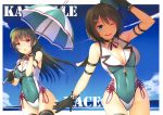  2girls absurdres blue_eyes breasts brown_hair choker choukai_(kantai_collection) collar copyright_name glasses gloves hair_ornament hairclip highres horosuke_(toot08) huge_filesize kantai_collection large_breasts long_hair maya_(kantai_collection) multiple_girls ocean one-piece_swimsuit red_eyes short_hair stitched swimsuit third-party_edit umbrella x_hair_ornament 