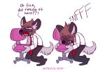  2020 aggressive_retsuko anthro chair english_text furniture haida hi_res humor hyaenid male mammal necktie office_chair profanity sanrio simple_background sintastein sniffing solo spotted_hyena text white_background 