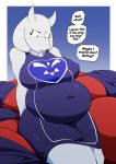  2020 absurd_res anthro belly big_belly big_breasts blush boss_monster bovid breasts caprine clothing dialogue dress english_text female fur goat hi_res horn mammal nipple_outline overweight overweight_anthro overweight_female sitting solo speech_bubble text tight_clothing toriel undertale vale-city video_games white_body white_fur 
