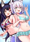  2girls :3 :d absurdres animal_ears bikini black_hair breasts choker fox_ears fox_shadow_puppet green_eyes highlights highres hololive huge_filesize large_breasts long_hair multicolored_hair multiple_girls nootomo ookami_mio open_mouth ponytail red_hair shirakami_fubuki short_shorts shorts silver_hair smile swimsuit virtual_youtuber wolf_ears yellow_eyes 
