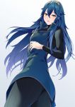  1girl ameno_(a_meno0) ass blue_eyes blue_hair blush fire_emblem fire_emblem_awakening flat_chest highres long_hair looking_at_viewer looking_down lucina_(fire_emblem) pantyhose simple_background smile solo symbol-shaped_pupils tiara 