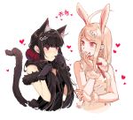  &gt;:( 2girls ahoge akamatsu_kaede animal_ear_fluff animal_ears bangs bare_shoulders black_dress black_gloves black_hair blonde_hair blush breasts bunny_ears cat_ears cat_tail collarbone commentary_request danganronpa dress eyebrows_visible_through_hair fur_trim gloves hair_ornament harukawa_maki heart highres long_hair looking_at_viewer low_twintails mole mole_under_eye multiple_girls musical_note musical_note_hair_ornament nanin new_danganronpa_v3 parted_bangs pink_eyes red_eyes red_heart scrunchie sleeveless sleeveless_dress smile tail translated twintails upper_body white_dress 