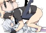  1boy 1girl ahoge bangs black_gloves black_pants breasts clothed_sex cum cum_in_pussy fate/grand_order fate/prototype fate_(series) fingerless_gloves fujimaru_ritsuka_(male) gloves long_hair long_sleeves looking_at_viewer lying medium_breasts merlin_(fate/prototype) missionary on_back pants purple_eyes pussy sex shiseki_hirame smile thighs very_long_hair white_hair white_robe wide_sleeves 