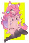  1girl :d animal_ear_fluff animal_ears black_bra black_legwear black_panties bra choker dark_skin fang flat_chest fur_trim long_hair open_mouth original panties pink_hair sitting skin_fang smile tail thick_eyebrows thighhighs tomcat_(moconeko) underwear underwear_only wariza yellow_eyes 