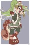  2:3 anthro brown_body brown_fur clothed clothing domestic_cat felid feline felis female fuf fur green_eyes green_hair hair hi_res looking_back mammal open_mouth solo young 