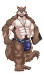  2020 5_fingers 5_toes absurd_res anthro armpit_hair barazoku beard big_bulge big_muscles black_nose body_hair brown_body brown_fur bulge canid canine canis chan_kiti_chan_(artist) clothed clothing facial_hair feet fingers fur green_eyes happy_trail hi_res humanoid_feet humanoid_hands male mammal muscular muscular_anthro muscular_male nipples pink_nipples plantigrade pubes scar simple_background smile solo standing swimwear toes topless whistle white_background white_body white_fur wolf 