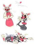  2017 animatronic anthro canid canine cheek_tuft claws clothing colored_sketch dress eyelashes eyeshadow facial_tuft female fingers five_nights_at_freddy&#039;s five_nights_at_freddy&#039;s_2 fox funtime_foxy_(fnaf) head_tuft hi_res lipstick looking_at_viewer lying machine makeup mammal mangle_(fnaf) pawpads pink_body pink_claws pink_inner_ear pink_pawpads red_cheeks ribbons robot sharp_teeth sketch standing teeth toes tuft tymime video_games white_body yellow_eyes 
