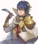  1boy alfonse_(fire_emblem) armor belt blonde_hair blue_eyes blue_hair book cape collar fire_emblem fire_emblem_cipher fire_emblem_heroes hair_ornament multicolored_hair nijihayashi open_book quill shoulder_armor signature smile white_background white_cape 