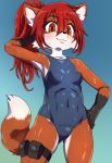  anthro black_nose blush bodily_fluids breasts canid canine clothed clothing daigaijin dipstick_tail female fox fur gloves_(marking) gradient_background hair hi_res kris_(vixenchan) mammal markings multicolored_tail nipple_outline orange_body orange_fur red_hair simple_background solo sweat swimwear 