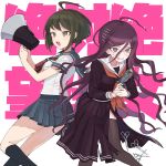  2girls ahoge background_text bangs black_legwear breasts brown_hair clenched_teeth copyright_name danganronpa eyebrows_visible_through_hair fukawa_touko hair_between_eyes hair_ornament hairclip highres holding kneehighs long_hair long_sleeves megaphone multiple_girls naegi_komaru neckerchief omochi_ksw open_mouth pleated_skirt purple_hair red_neckwear sailor_collar school_uniform scissors serafuku short_hair short_sleeves simple_background skirt stun_gun sweat teeth thighhighs torn_clothes torn_skirt white_background zettai_zetsubou_shoujo 