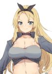  1girl alchera black_choker black_hairband blonde_hair blue_eyes breasts choker cleavage hairband hands_on_hips kantai_collection large_breasts long_hair looking_at_viewer midriff nelson_(kantai_collection) official_alternate_costume race_queen simple_background solo white_background 